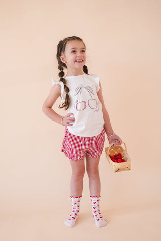 White socks with red cherries and pink hearts