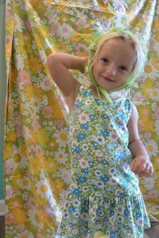 Blue and Green Flower Power Drop Waist Dress for Babies, Toddler and Girls - Strawberry Jam Kids