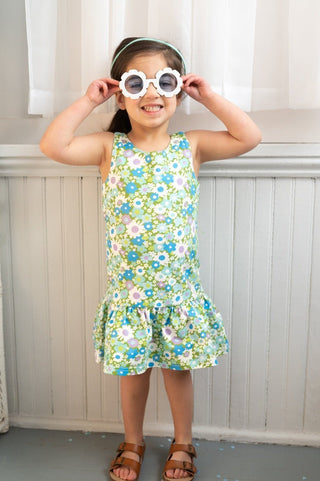 Blue and Green Flower Power Drop Waist Dress for Babies, Toddler and Girls - Strawberry Jam Kids