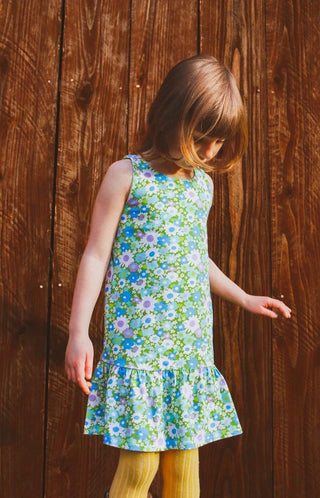 Blue and Green Flower Power Drop Waist Dress for Babies, Toddler and Girls - Strawberry Jam Kids