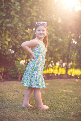 Blue and Green Flower Power Drop Waist Dress for Babies, Toddler and Girls - Strawberry Jam Kids