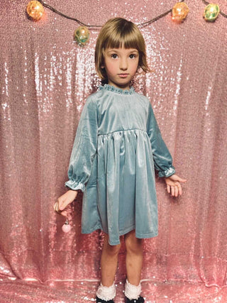 Girls Blue Christmas Dress in Velvet - Strawberry Jam Kids