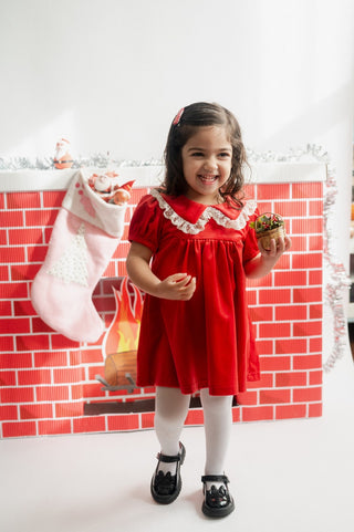 Red velvet short sleeve dress with lace trim for baby toddler girls