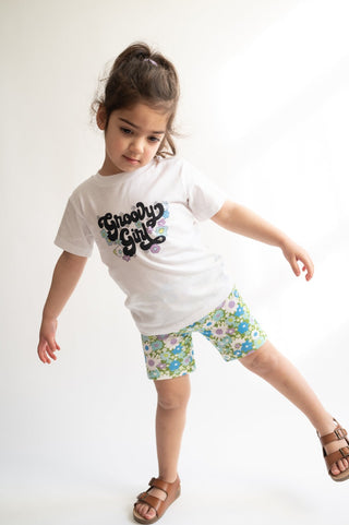 blue and green retro floral girls bike shorts