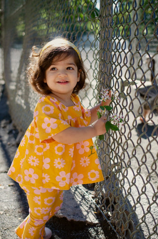 Girls retro vintage mustard yellow top with pink flowers