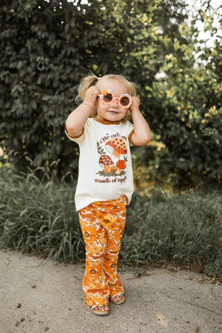 fall floral brown and orange girl bell bottom flare pants