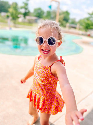 retro pink and yellow flower power two piece girls swimsuit