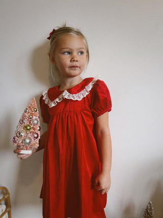 Girl in red velvet christmas dress