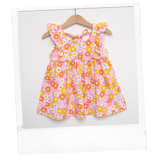 Pink and yellow flutter sleeve dress