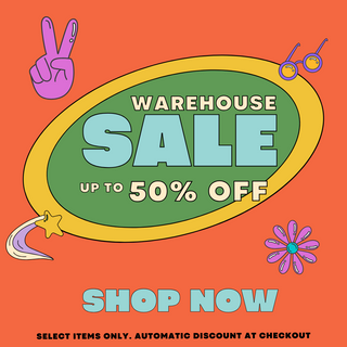 warehouse sale, up to 50% off, select items only. automatic discount at checkout.