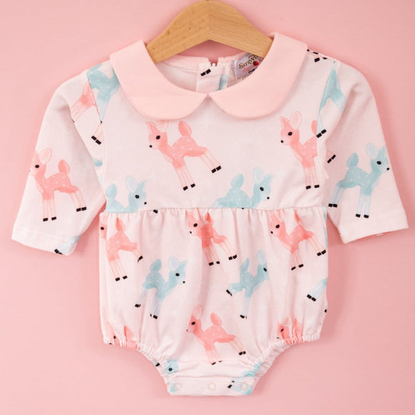retro pink reindeer Christmas romper for baby girl