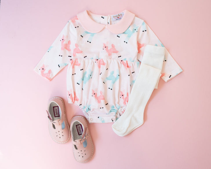 retro pink reindeer Christmas romper for baby girl