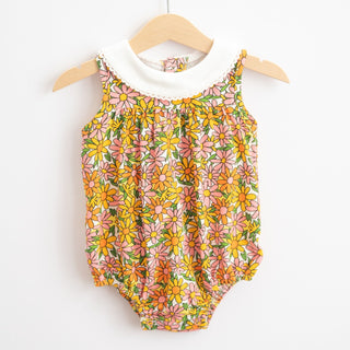 summer pink and yellow daisy baby girl romper