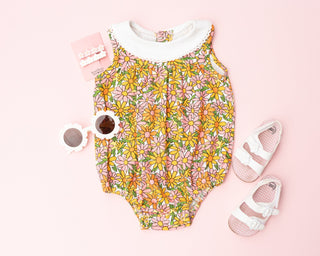 summer pink and yellow daisy baby girl romper