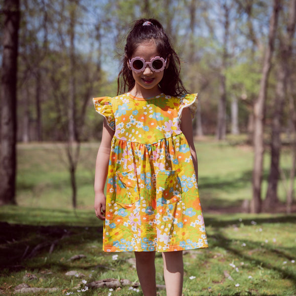 Girls' Flutter Dress in Sixties Wild Blooms – Strawberry Jam