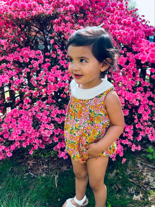 summer pink and yellow daisy baby girl romper