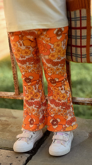 fall floral brown and orange girl bell bottom flare pants