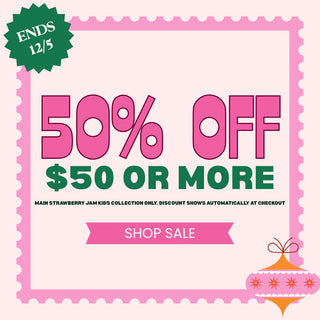50% off $50 or more. main strawberry jam collection only. Discount shows automatically at checkout. shop sale. Ends 12/5