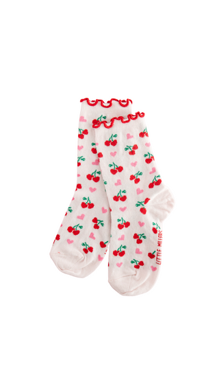 White socks with red cherries and pink hearts 
