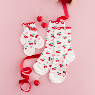 White socks with cherry pattern on a pink background

