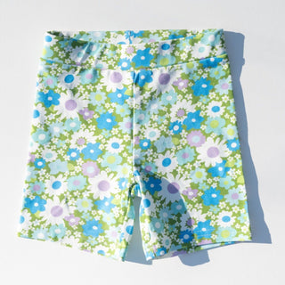 Green and Blue Flower Power Bike Shorts for Toddlers and Girls - Strawberry Jam Kids