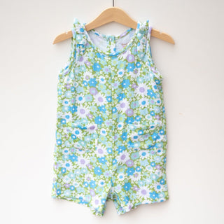 Green and Blue Flower Power Double Gauze Romper for Babies and Toddler Girls - Strawberry Jam Kids