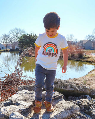 Think Happy Be Happy Retro Ringer T-Shirt for Baby and Little Kids