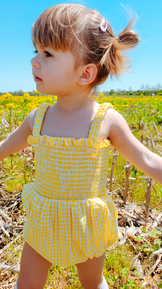 Yellow Gingham Smocked Bubble Romper