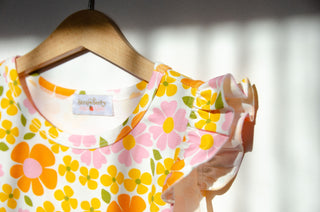 Yellow Retro Flower Flutter Sleeve Tunic Dress