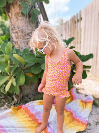 Pink and Yellow Flower Power One Piece Swimsuit Baby Toddler Girls