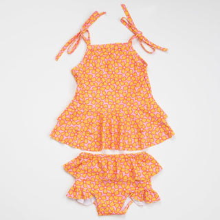 retro pink and yellow flower power two piece girls swimsuit