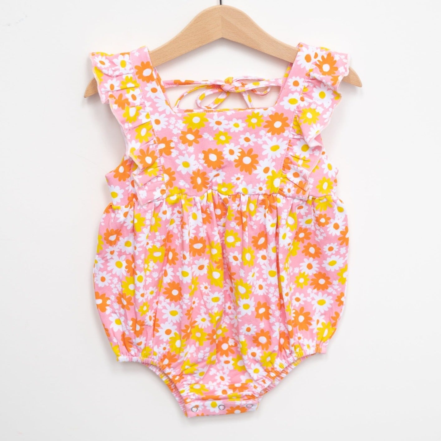 Pink and Yellow Tie Back Flutter Romper Baby Toddler Girl – Strawberry ...
