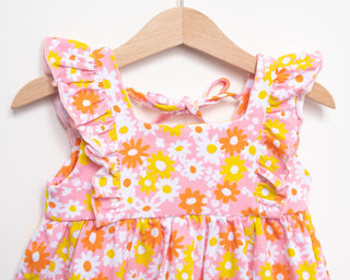 pink vintage floral flutter sleeve girls summer dress