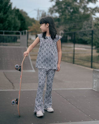black and cream flower bell bottom pants - toddler pants