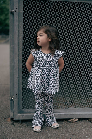 black and cream flower bell bottom pants - toddler pants