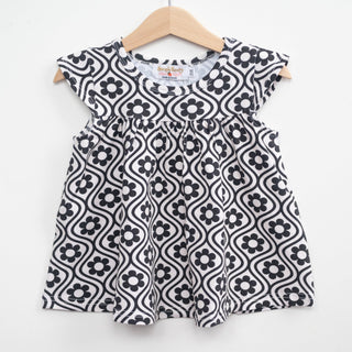 black and white groovy flower print baby toddler girl top