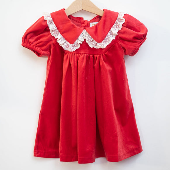 Red velvet short sleeve dress with lace trim for baby toddler girls