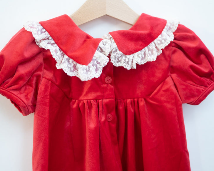 Red velvet short sleeve dress with lace trim for baby toddler girls
