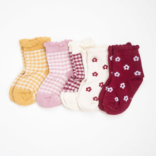 set of 5 plaid and flower maroon and mustard yellow socks