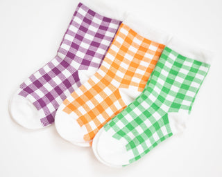 purple, orange and green plaid kids socks