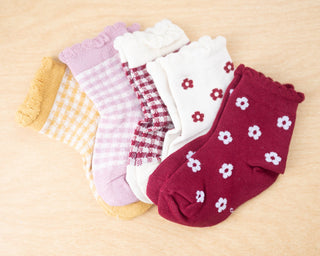set of 5 plaid and flower maroon and mustard yellow socks