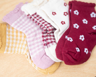 set of 5 plaid and flower maroon and mustard yellow socks