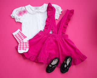 pink plaid socks with pink skirt and top for kids