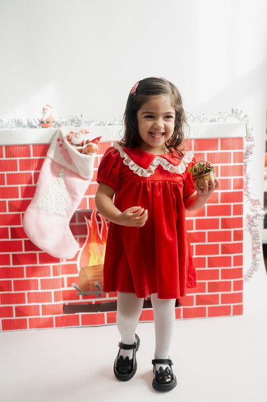 Red velvet short sleeve dress with lace trim for baby toddler girls