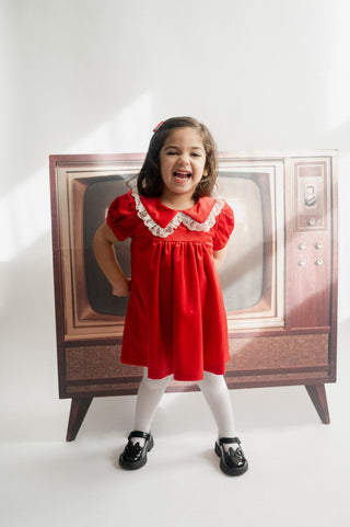 Red velvet short sleeve dress with lace trim for baby toddler girls