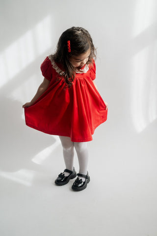 Red velvet short sleeve dress with lace trim for baby toddler girls