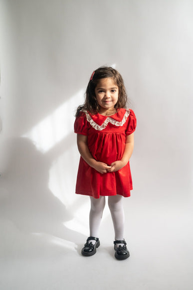 Red velvet short sleeve dress with lace trim for baby toddler girls