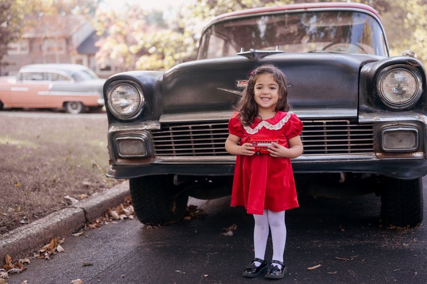 Red velvet short sleeve dress with lace trim for baby toddler girls