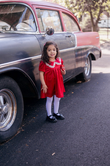Red velvet short sleeve dress with lace trim for baby toddler girls