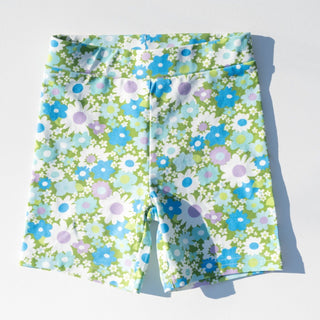 blue and green retro floral girls bike shorts
